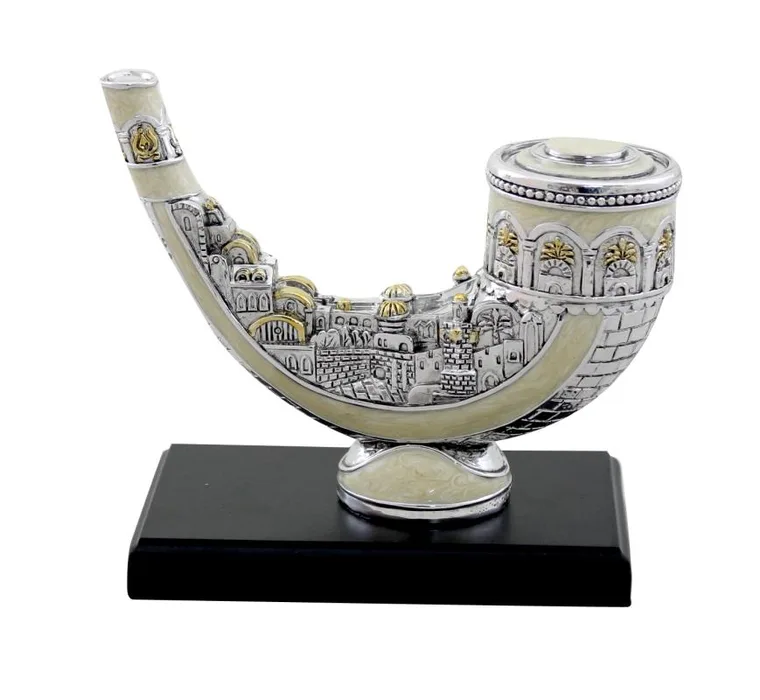 שופר לקישוט מפולירייזן מוכסף עם אמייל בעיצוב ירושלים 56463