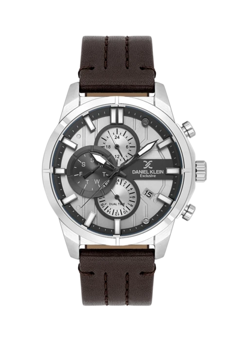 שעון יד אנלוגי Daniel Klein Exclusive DK.1.14414-1 Dual Time ורצועת עור חומה